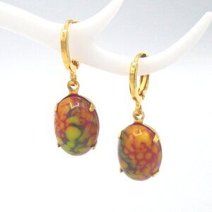 BEAUTIFUL VINTAGE Red Yellow Green Mottled West Germany Oval Dangle Earrings